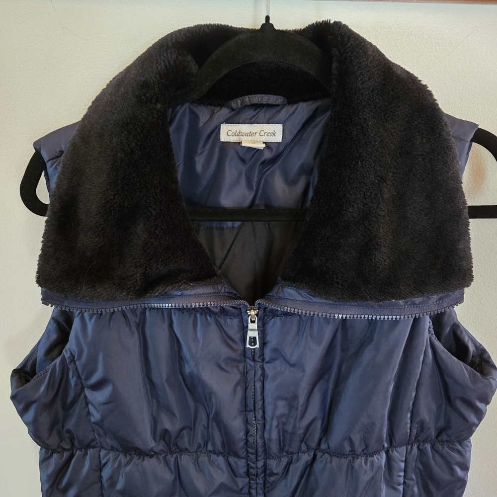 Coldwater Creek Puff Vest Womens Large 14 Navy/royal Purple Faux Fur Collar - Picture 5 of 8